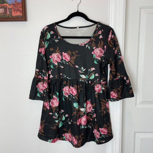MATERNITY Black Floral Peplum Top - 3/4 sleeves - Picture 2 of 10
